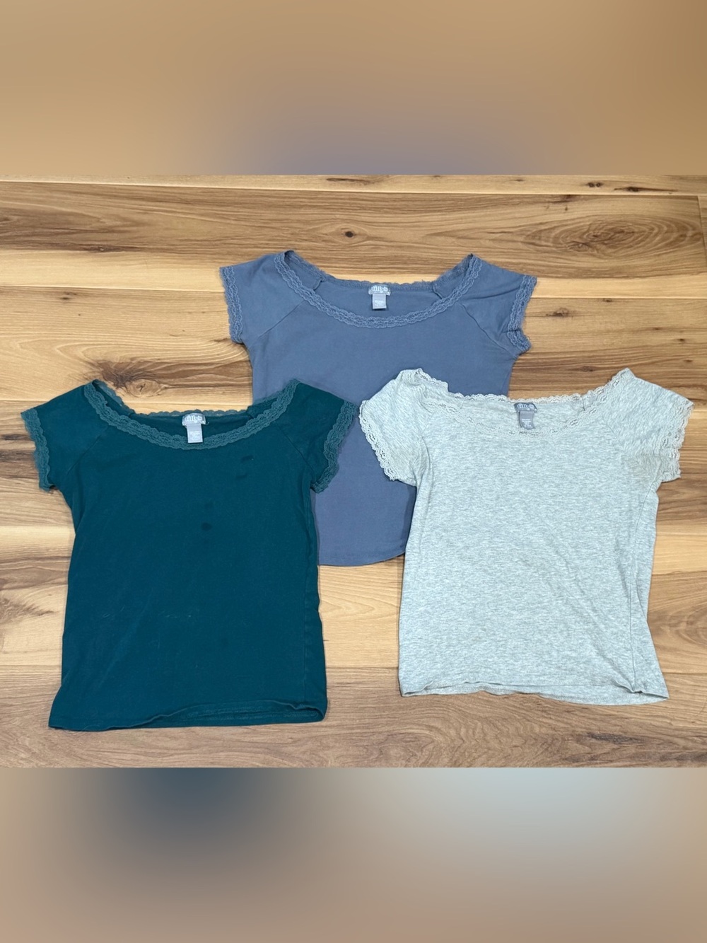 Tilly's Girls Lace-Trim Short Sleeve Tees - Teal, Blue, Heather Gray